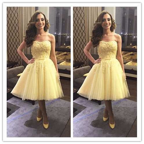 Yelllow Lace Short Country Homecoming Gowns Prom Dresses - Laurafashionshop