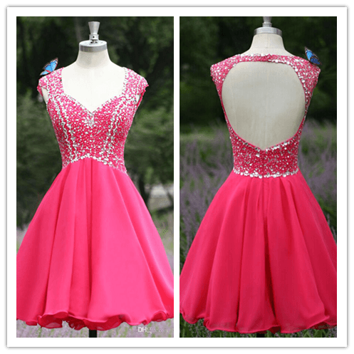 Open Back Red Chiffon Short Sexy Homecomings Dress Prom Dresses - Laurafashionshop