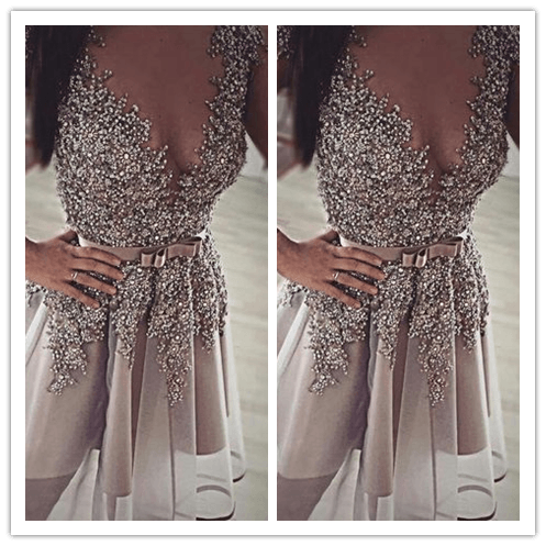 Backless Short Grey Sequined Prom Dresses - Laurafashionshop