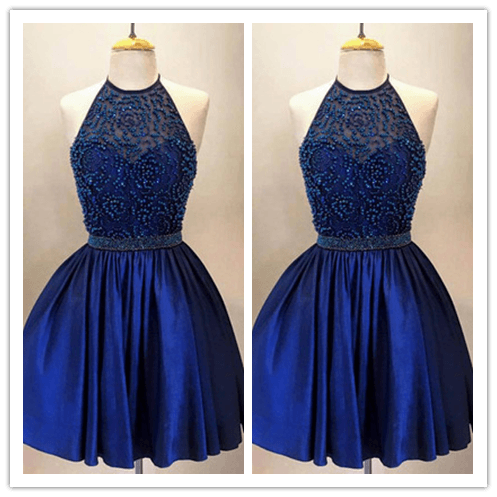 Beaded Bodice Halter High Neck A-line Royal Blue Taffeta Short Prom Dress - Laurafashionshop