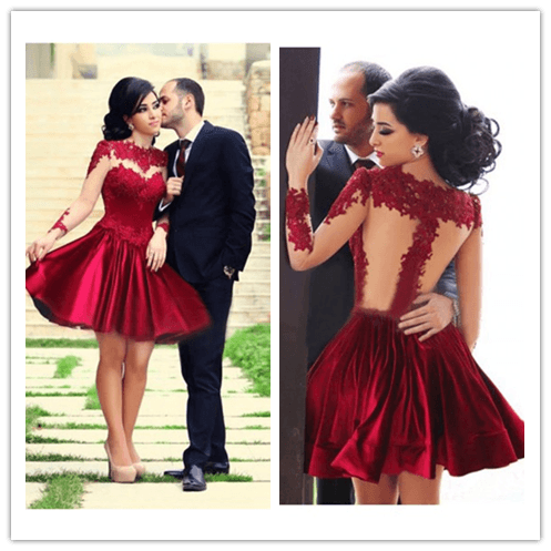 Appliques Red A-line High Neck Cocktail Dresses Prom Dresses - Laurafashionshop