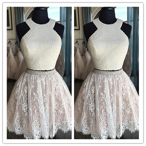 Tulle White Lace Ball Gown Short Prom Dresses - Laurafashionshop