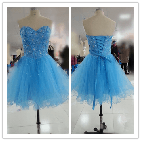 Silver Beading Blue Fitted Prom Dresses - Laurafashionshop