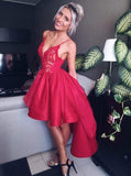 High Low Red Lace Spaghetti Straps V Neck Homecoming Dresses Short Graduation Dress