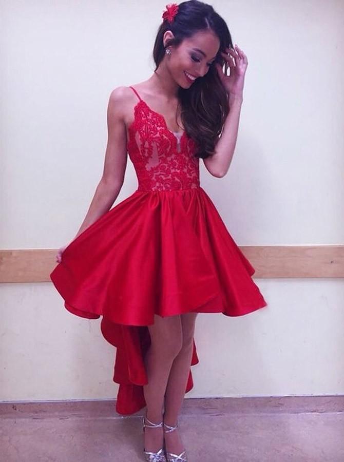 High Low Red Lace Spaghetti Straps V Neck Homecoming Dresses Short Graduation Dress