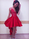 High Low Red Lace Spaghetti Straps V Neck Homecoming Dresses Short Graduation Dress
