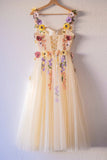 Chic Champagne A Line Appliques Tulle Prom Dresses