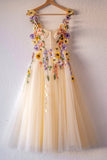 Chic Champagne A Line Appliques Tulle Prom Dresses