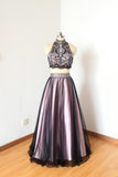 2 Pieces High Neck Black Pink Evening Gowns Long Prom Dress