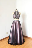 2 Pieces High Neck Black Pink Evening Gowns Long Prom Dress