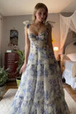 Elegant Floral Print Long Prom Dresses