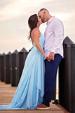 Fashion A Line Light Blue V Neck Tiered High Low Slit Prom Dresses Formal Evening Dress