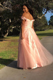 A-Line Sweet 16 Applique Evening Dresses Off Shoulder Pink Prom Dresses