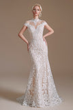 Elegant Lace Mermaid Cap Sleeves Long Beach Wedding Dresses