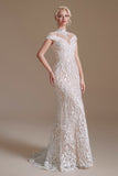 Elegant Lace Mermaid Cap Sleeves Long Beach Wedding Dresses