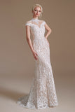 Elegant Lace Mermaid Cap Sleeves Long Beach Wedding Dresses