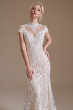 Elegant Lace Mermaid Cap Sleeves Long Beach Wedding Dresses