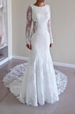 White Lace Mermaid Long Sleeves Wedding Dress - Laurafashionshop