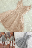 Homecoming Dresses A-Line Spaghetti Strap V-Neck Gray Sleeveless Lace Graduation Dresses