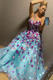 A-Line Sweetheart Tulle Appliques Blue Stylish Formal Evening Dress Prom Dresses