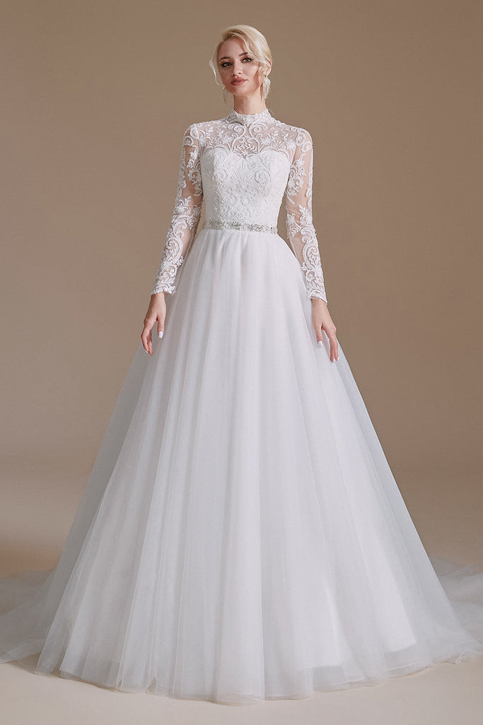 Long Sleeve Tulle Chapel Train A-Line Lace Appliques Wedding Dress