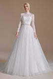 Long Sleeve Tulle Chapel Train A-Line Lace Appliques Wedding Dress