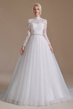 Long Sleeve Tulle Chapel Train A-Line Lace Appliques Wedding Dress