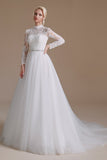 Long Sleeve Tulle Chapel Train A-Line Lace Appliques Wedding Dress