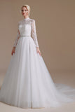Long Sleeve Tulle Chapel Train A-Line Lace Appliques Wedding Dress