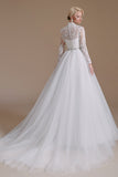 Long Sleeve Tulle Chapel Train A-Line Lace Appliques Wedding Dress