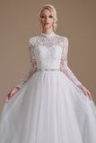 Long Sleeve Tulle Chapel Train A-Line Lace Appliques Wedding Dress