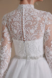 Long Sleeve Tulle Chapel Train A-Line Lace Appliques Wedding Dress