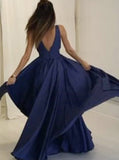 Chic A-line Sleeveless Deep V-Neck Prom Dress, Navy Blue Evening Gown