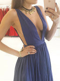 Chic A-line Sleeveless Deep V-Neck Prom Dress, Navy Blue Evening Gown