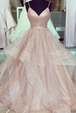 Rose Gold A Line Pleated Bodice Ruffled Long Prom Dress