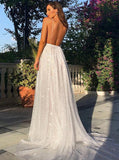 Shiny A-line Deep V-neck Sequins Evening Gowns, Prom Dresses