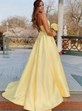 A-Line Spaghetti Straps Yellow Satin Prom Dress With Pockets