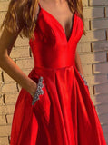 A-Line Spaghetti Straps Yellow Satin Prom Dress With Pockets