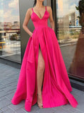Fashion A-line Deep V-neck Burgundy Satin Prom Dress With High Split