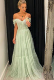 Off the Shoulder Formal Evening Gowns A Line Mint Tulle Long Prom Dresses