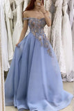 A Line  Lace Appliques Off the Shoulder Blue SatinEvening Party Dresses Prom Dress