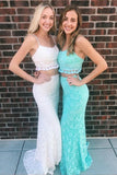 Lace Two Pieces Mermaid Spaghetti Straps Long Sexy Party Dress Prom Dresses