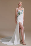 Appliques Sweep Train Simple Spaghetti Straps High Split Prom Dress, Wedding Dress