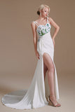 Appliques Sweep Train Simple Spaghetti Straps High Split Prom Dress, Wedding Dress