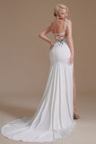 Appliques Sweep Train Simple Spaghetti Straps High Split Prom Dress, Wedding Dress