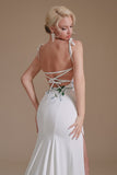 Appliques Sweep Train Simple Spaghetti Straps High Split Prom Dress, Wedding Dress