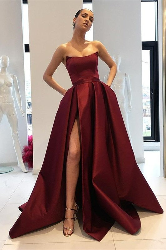 Burgundy Party Dress A-Line Strapless Mermaid Prom Dress With Front Split