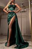 Stain Dark Green Long Spaghetti Straps Prom Dress Mermaid with Split