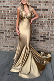 Stunning Formal Evening Dresses Gold Spaghetti Straps Mermaid Long Prom Dresses