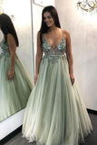 Sexy Graduation School Party Gown Dusty Sage A-Line Tulle Beading Long Prom Dress